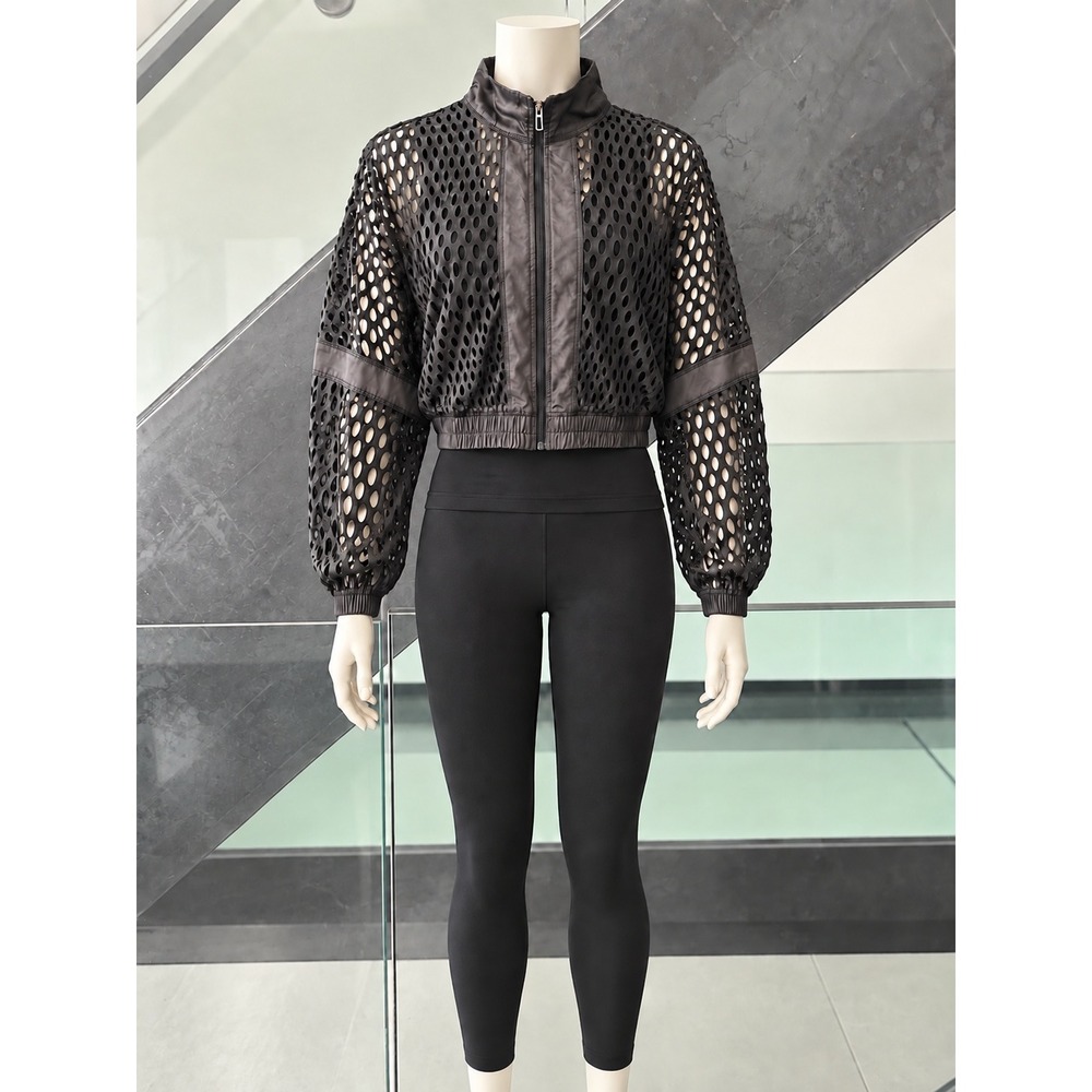 Puma Womens Black Perforated Mesh Full Zip Cropped Track Jacket Mock Neck S
